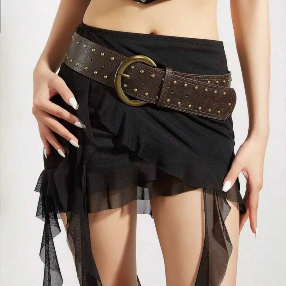 Womens Brown Faux Leather Wide Studded Belt Antiqued Gold Buckle Boho Western